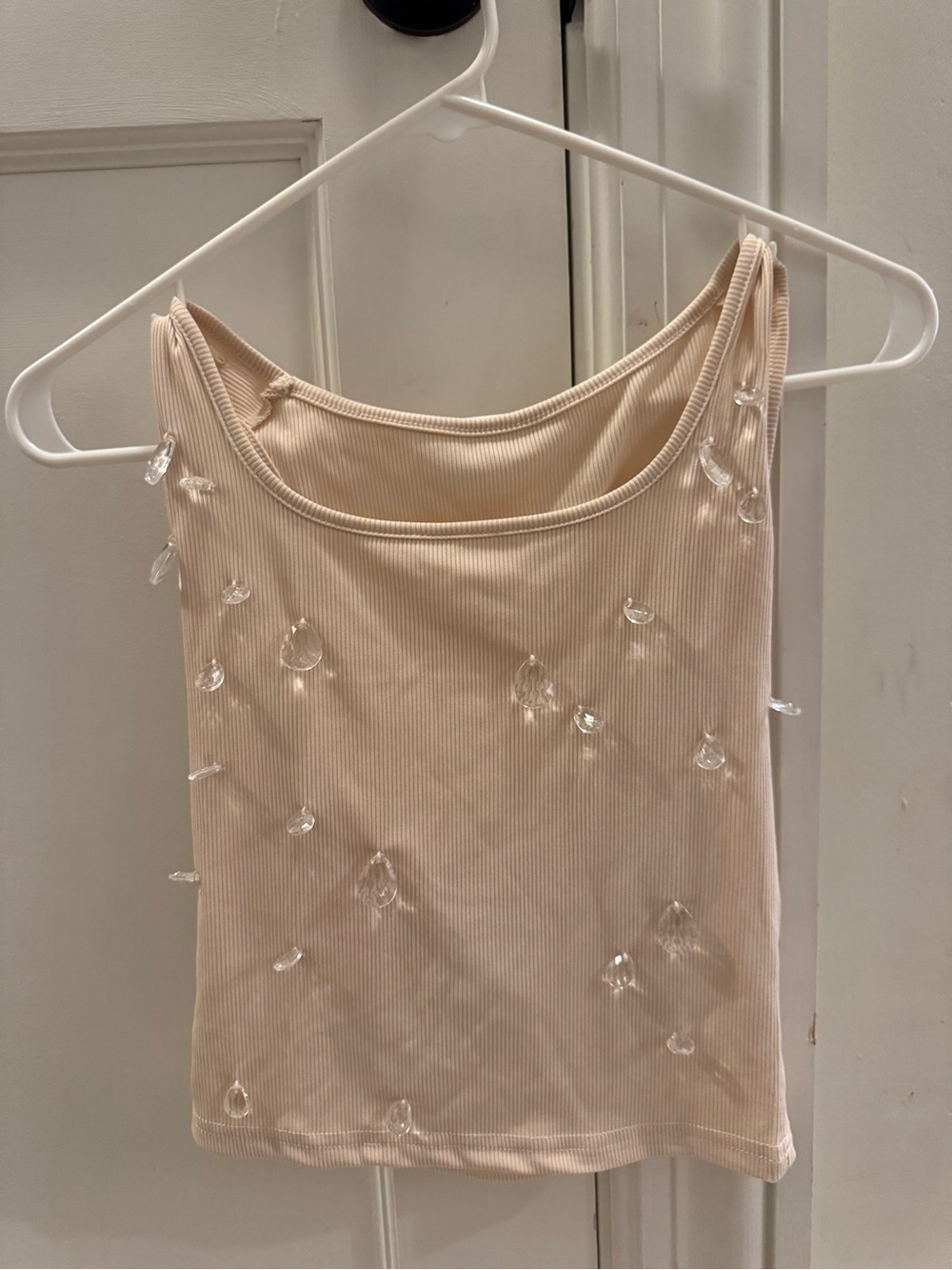 Sleeveless Ribbed Tank Top with Crystal Droplet Embellishments - Cream
